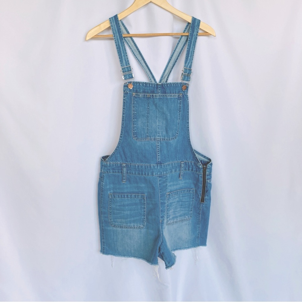 Madewell Women Blue Cotton Adirondak Frayed Hem Shorts Denim Overalls Size L EUC